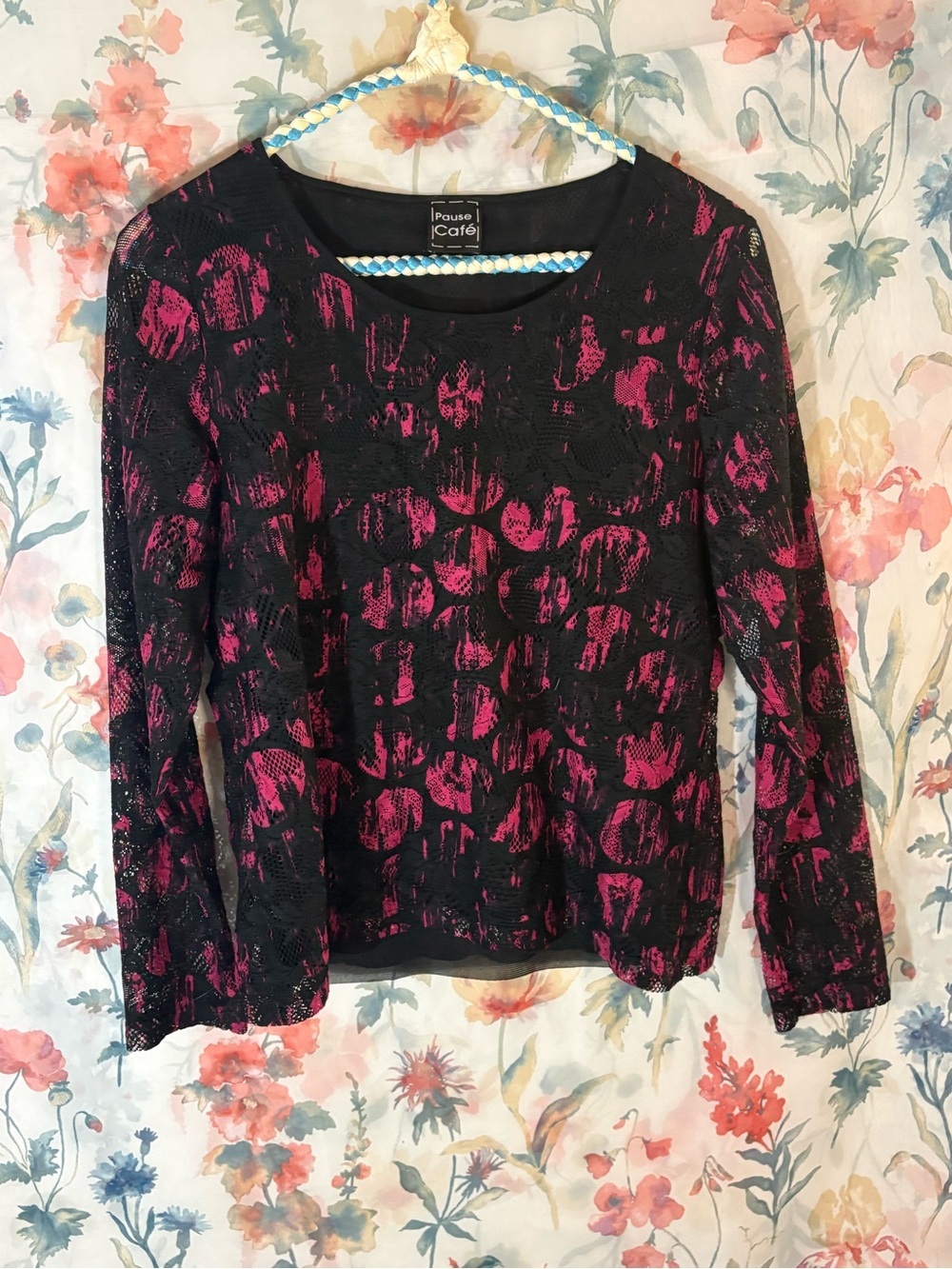 Vintage Women’s Black & Fuchsia Lace Overlay Long-Sleeve Top